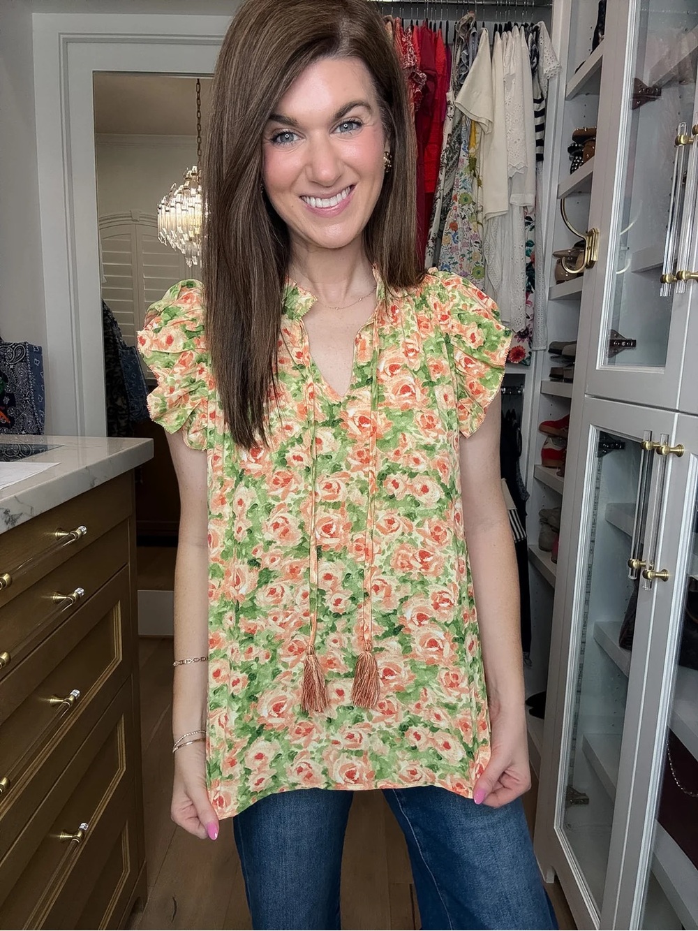 JODIFL Peach and Green Floral Ruffle Sleeve Tie-Front Blouse